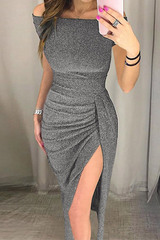 Elegant Solid Slit Sequined Off the Shoulder Wrapped Skirt Dresses(3 Colors£©