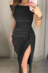 Elegant Solid Slit Sequined Off the Shoulder Wrapped Skirt Dresses(3 Colors£©