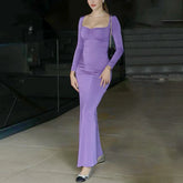 2025 Elegant Long Sleeve Party Dresses Sexy High Waist Slim Fit Women’s Evening Dress Fashion Solid Color Pleated Long Dresses