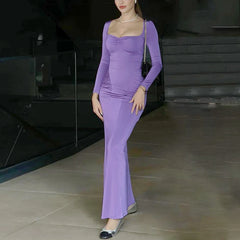 2025 Elegant Long Sleeve Party Dresses Sexy High Waist Slim Fit Women’s Evening Dress Fashion Solid Color Pleated Long Dresses
