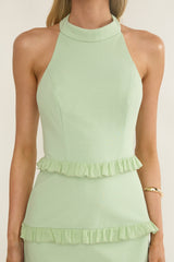 Haze Frill Trim Halterneck Maxi Dress Sage