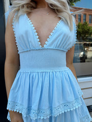 Freya Lace Tiered Mini Dress- Blue