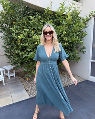 Korbela Dress Deep Green | Women's Linen Midi Dress