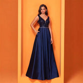 Sexy V neck Sequ Floor Length Evening Dress Elegant Sleeveless a Swing Cocktail Party Party Dress