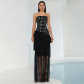 Special Interest Design Rhinestone Tube Top Bandage Dress Sexy Mesh Stitching Maxi Dress Party Dress