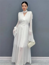 Autumn Flare Sleeve V-neck Midi Dresses for Women Solid Pleated A-line Elegant Party Dress Korean Fashion One Piece Vestidos New