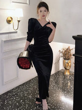 French Vintage Black Velvet Dresses for Women Long Sleeve Slim Waist V-neck Bodycon Evening Party Dress Autumn Korean Vestidos