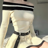 Y2K Slim Casual Knitted Mini Dresses Women Off Shoulder Elegant Korean Fashion Short Party Dress with Belt Autumn New Clothing
