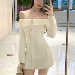 Elegant Tweed Slash Neck Short Dresses for Women Long Sleeve Slim Waist Birthday Party Dress Korean Fashion Vestidos Mujer