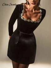 Velvet Square Collar Beading Long Sleeve Dress Women High Waist Slim A-line Party Dresses Lady Christmas Evening Gowns New