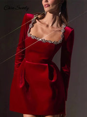 Velvet Square Collar Beading Long Sleeve Dress Women High Waist Slim A-line Party Dresses Lady Christmas Evening Gowns New
