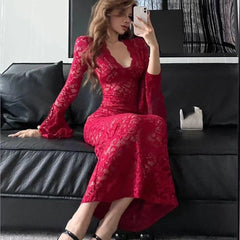 Sexy Bodycon Lace Long Dresses for Women V-neck Flare Sleeves Slim Mermaid Evening Party Dress Club Prom Robe Ladies Vestidos
