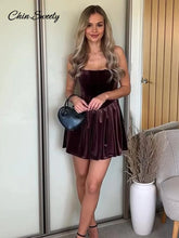 Fashion Velvet Sling Mini Dress Women Square Collar Sleeveless Backless A-line Zipper Party Dresses Elegant Lady Vestidos