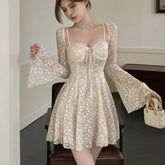 Sexy Lace Mini Dresses for Women Flare Sleeve Square Collar Corset Slim A-line Wedding Birthday Party Dress Y2K Prom Vestidos