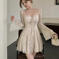 Sexy Lace Mini Dresses for Women Flare Sleeve Square Collar Corset Slim A-line Wedding Birthday Party Dress Y2K Prom Vestidos