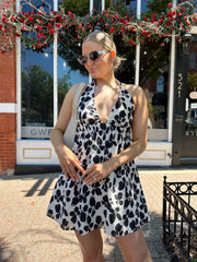 Serena Black and Ivory Cinched Waist Mini Halter Dress
