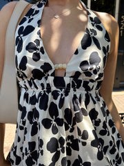 Serena Black and Ivory Cinched Waist Mini Halter Dress