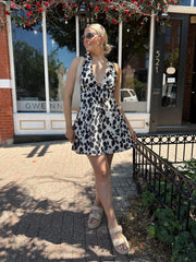 Serena Black and Ivory Cinched Waist Mini Halter Dress