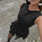 Ruffles Splice Sexy Vest Mini Dress For Women Sleeveless Slim Fit Fashion Solid Color Hot Girl Club Party Dress Female