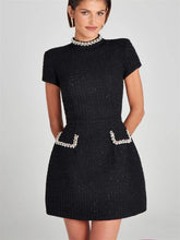 Tosssy Shiny Elegant Female MIni Dress Pocket Short Sleeve Patchwork Fashion Slim Party Dress Gown Women’s Glitter Vntage Dress
