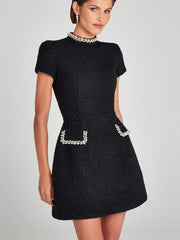 Tosssy Shiny Elegant Female MIni Dress Pocket Short Sleeve Patchwork Fashion Slim Party Dress Gown Women’s Glitter Vntage Dress