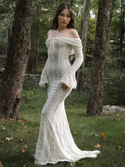 Autumn Lace Off-Shoulder Long Dress For Women See-Through Printed Lace-Up High Waist Luxury Female Elegant Party Dress New
