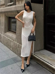 Knit Hollow Out Patchwork Maxi Dress Female High Waist Sleeveless Fashion See-Through Party Dress Women’s Elegant Dress