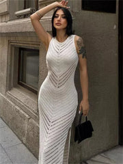 Knit Hollow Out Patchwork Maxi Dress Female High Waist Sleeveless Fashion See-Through Party Dress Women’s Elegant Dress