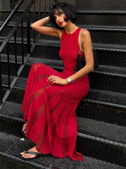 Sexy Knit Patchwork Maxi Dress Female Sleeveless See-Through High Waist Fashion Elegant Party Dress Women’s Knitwear Dress