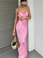 Sexy Printed Contrast Maxi Dress Women’s V-Neck Backless Side Split Fashion Slim Autumn Party Dress Female Clothes