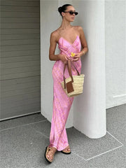 Sexy Printed Contrast Maxi Dress Women’s V-Neck Backless Side Split Fashion Slim Autumn Party Dress Female Clothes