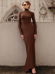 Skinny Turtleneck Backless Maxi Dress Women’s Patchwork High Waist Solid Fashion Hollow Out Party Dress Female Long Dress