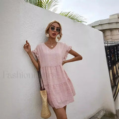 Elegant Leopard Print Floral Prints Summer Women 2024 New Loose V-Neck Ruffled Short Sleeved Mini Dress