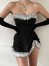 Gloves Detail Strapless Black Mini Dress