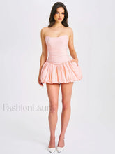 Oletta Pink Corset Strapless Graceful Bubble Hem Mini Dress