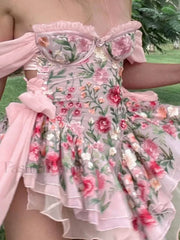 Patchwork Ruffle Bardot Floral Mini Dress