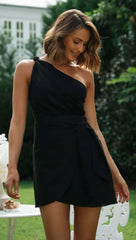 Sexy Backless Dress for Summer Women's 2024 New Slant Neck Zipper Solid High Waist Lace-up Irregular Hem Mini Dress