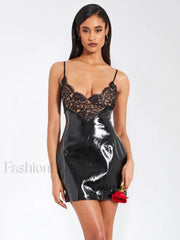 Shelby Black Vegan Leather Graceful with Lace Mini Dress