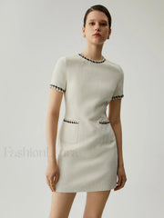 Tweed Contrast Trim Trendy Pocket Mini Dress