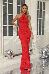 Sexy Halter 3D Flower Embroidery Open Back Bodycon Party Dress