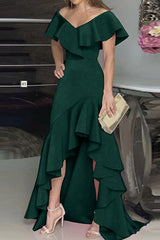 Elegant Solid Flounce V Neck Irregular Dress Dresses(5 Colors)