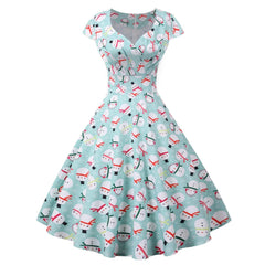 2025 Christmas Festival Dress Up Party Dresses Women Fashion Print Folds V-neck A-line Dress Lady Vintage Commuting Vestidos New