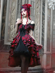Japanese Gothic Style Red Black Halloween Off-Shoulder Court Wave Autumn Dark High-Waist Lolita Party Dress