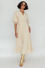Mallory Belted Waist Lantern Sleeve Midi Dress Beige