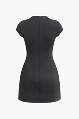 Calliope Solid Black Round Neck Short Sleeve Midi Party Dress