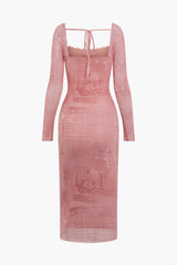 Dlore Pink Newspaper Pattern Lace Tie Backless Midi Party Dress
