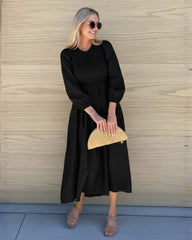 Iolana Dress - Black Long Sleeve | Women's Cotton Midi Dress