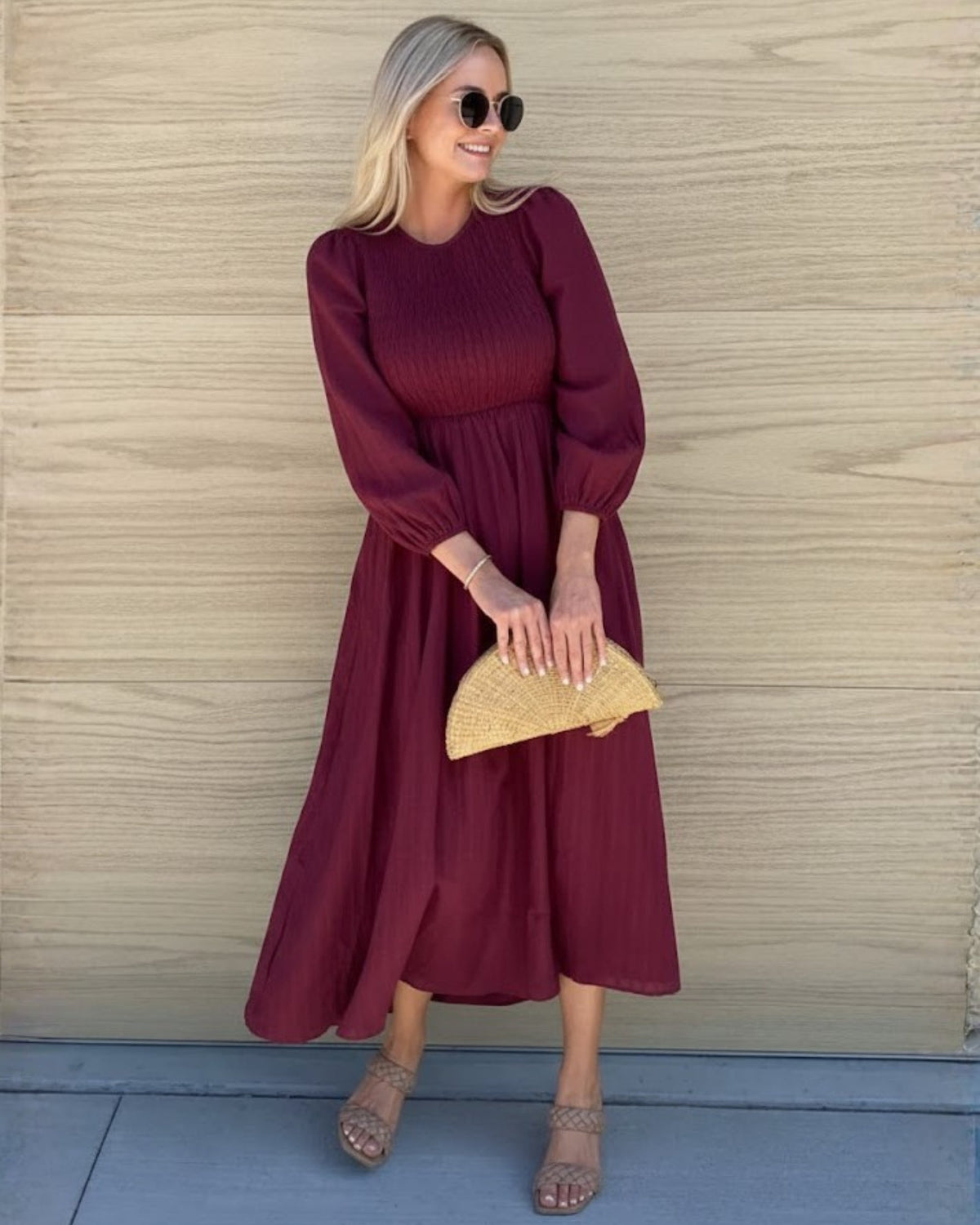 Iolana Dress - Wine Long Sleeve | Women's Cotton Midi Dress
