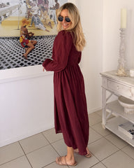 Iolana Dress - Wine Long Sleeve | Women's Cotton Midi Dress