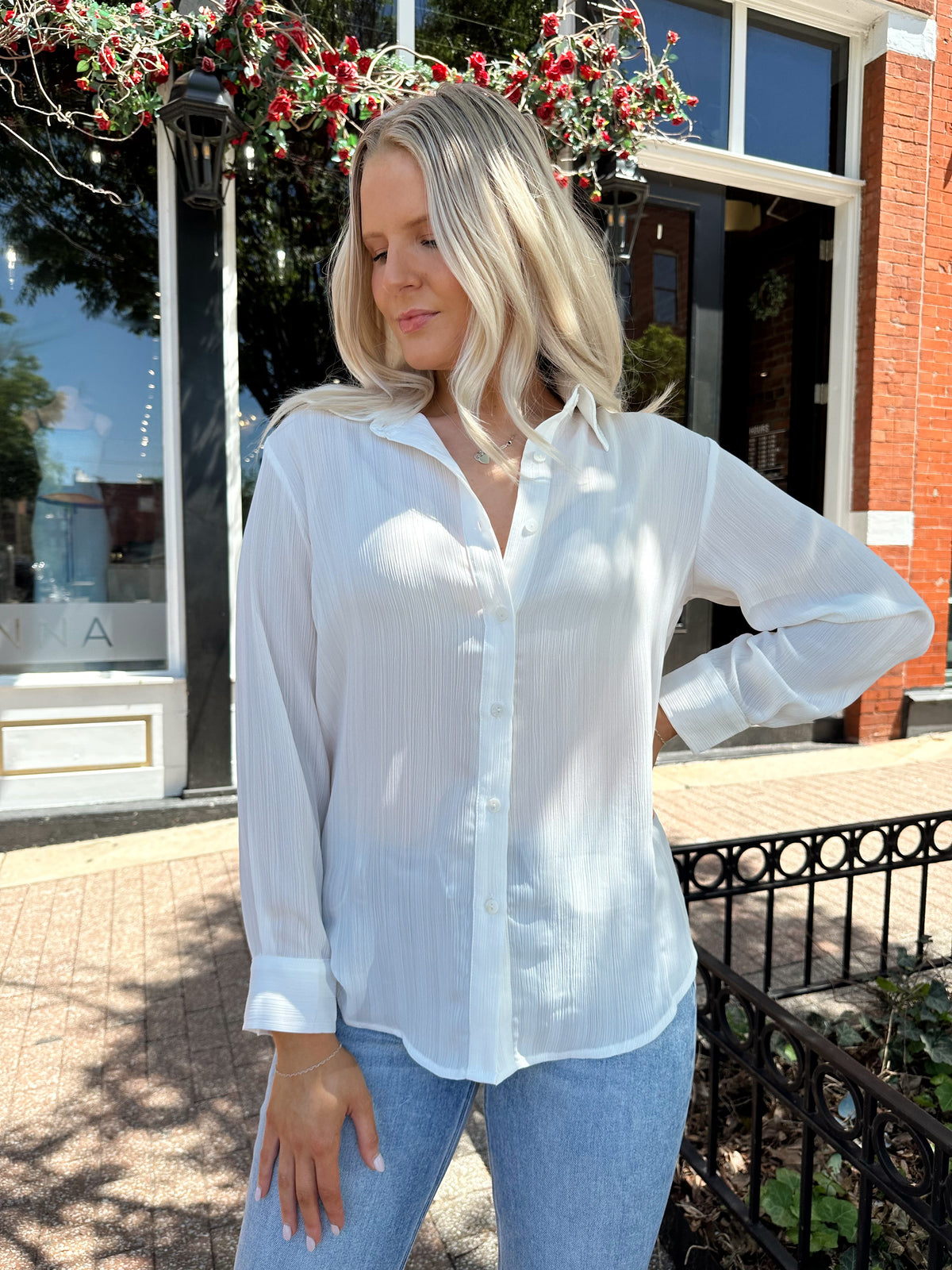 Karli White Textured Button Down Top